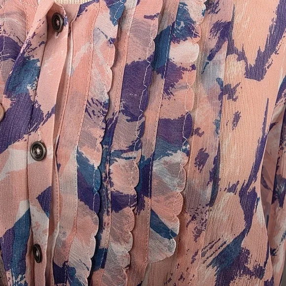 Maeve Anthropologie Silk Blouse SZ 4 Sheer Pink Blue Purple Abstract Long Sleeve - Picture 8 of 13